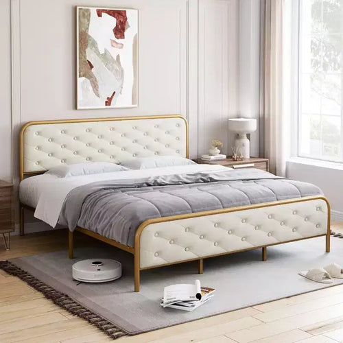 King Bed Frame with Headboard and Footboard Premium Velvet Upholstered Platform Bed Diamond Tufted Design No Box Spring Needed