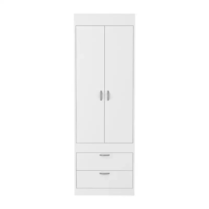 Armoire 70H Double Door Cabinet Two Drawers Metal Handles Rod White