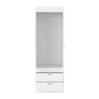 Armoire à double porte, deux tiroirs, poignées en métal, tringle, blanc