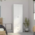 Armoire à double porte, deux tiroirs, poignées en métal, tringle, blanc