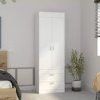 Armoire à double porte, deux tiroirs, poignées en métal, tringle, blanc