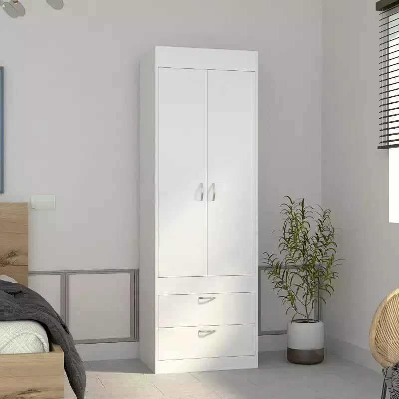 Armoire à double porte, deux tiroirs, poignées en métal, tringle, blanc