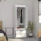 Armoire à double porte, deux tiroirs, poignées en métal, tringle, blanc