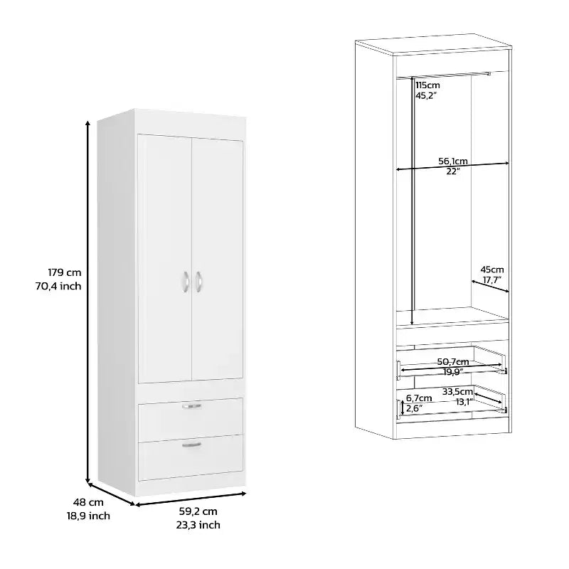 Armoire à double porte, deux tiroirs, poignées en métal, tringle, blanc