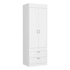 Armoire à double porte, deux tiroirs, poignées en métal, tringle, blanc
