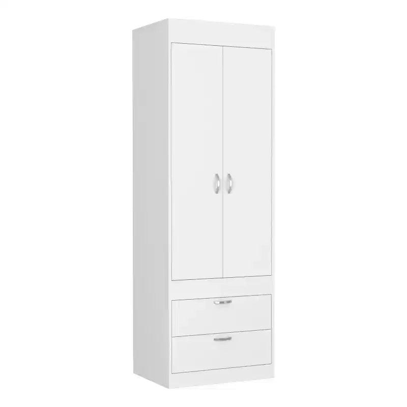 Armoire à double porte, deux tiroirs, poignées en métal, tringle, blanc