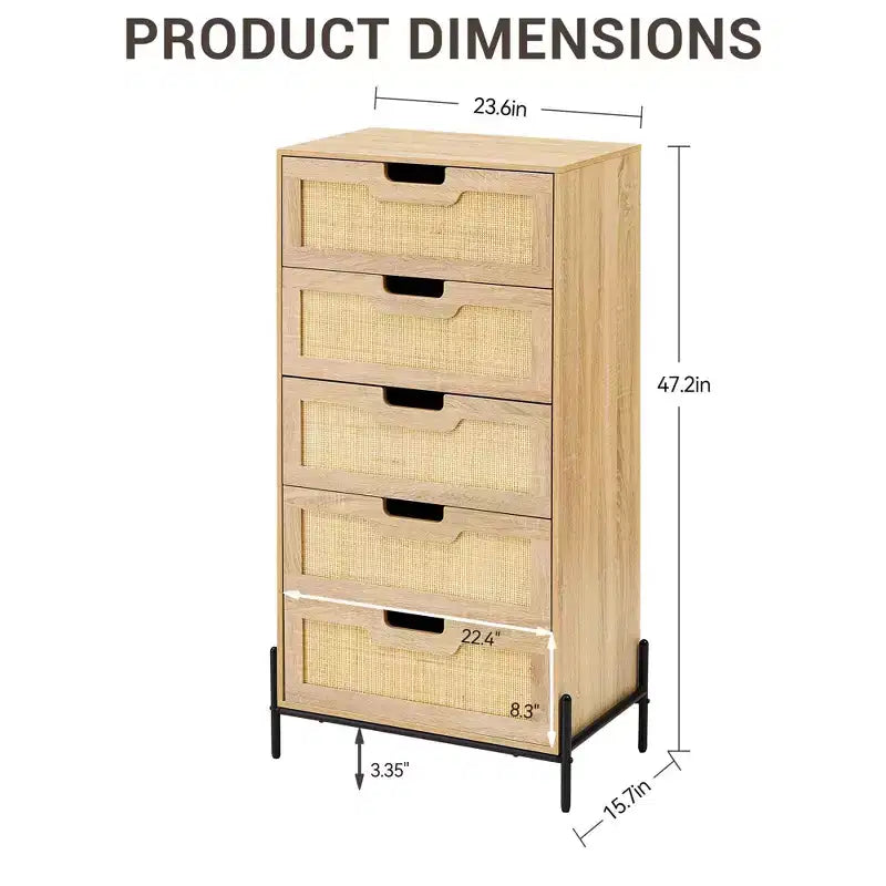 Commode 5 tiroirs en rotin, commode en bois