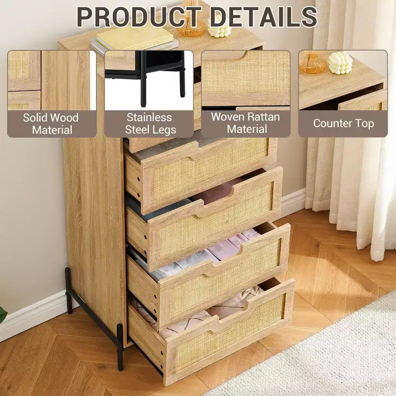 Commode 5 tiroirs en rotin, commode en bois