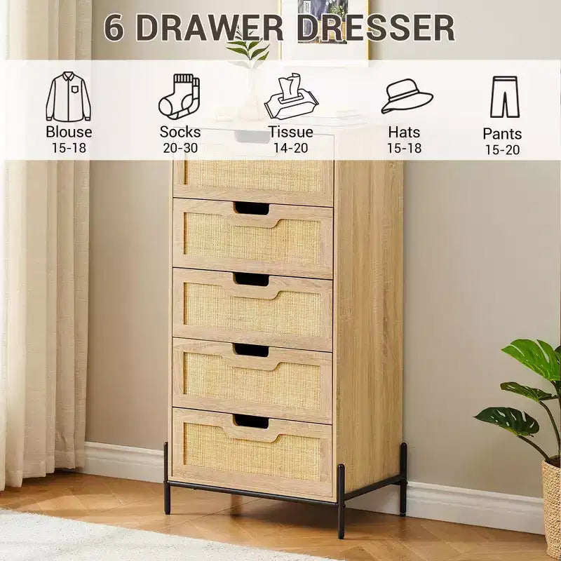 Commode 5 tiroirs en rotin, commode en bois