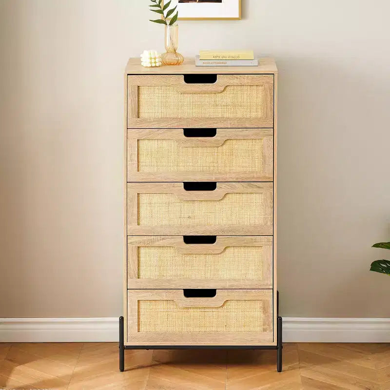 Commode 5 tiroirs en rotin, commode en bois