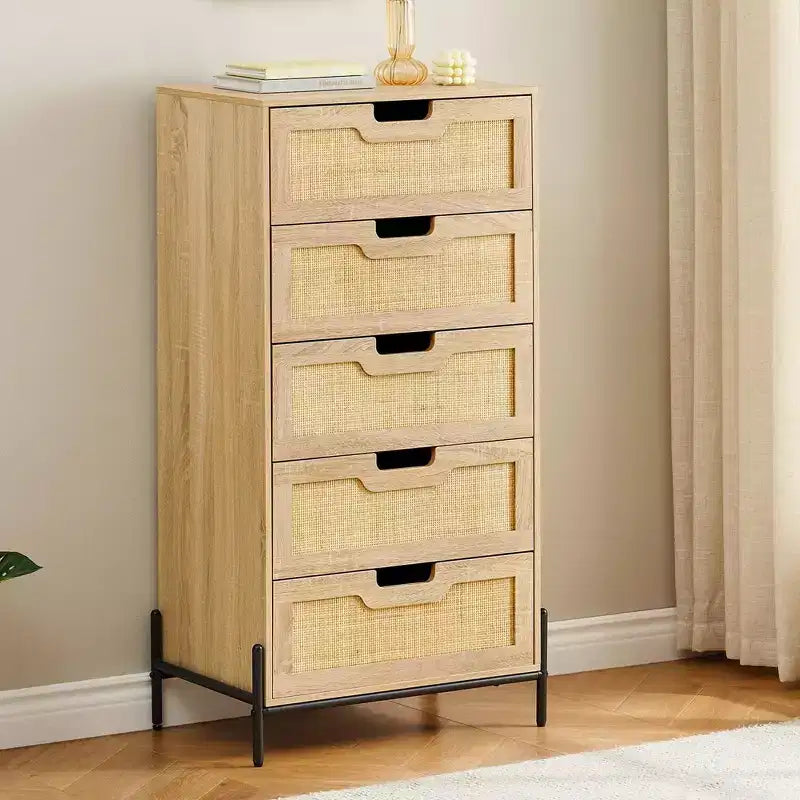 Commode 5 tiroirs en rotin, commode en bois
