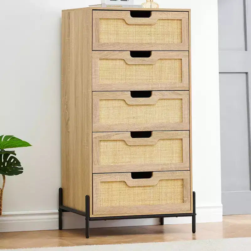 Commode 5 tiroirs en rotin, commode en bois