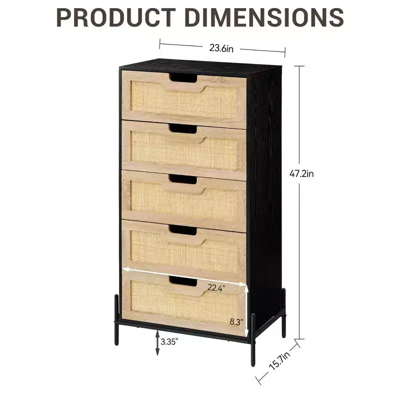 Commode 5 tiroirs en rotin, commode en bois