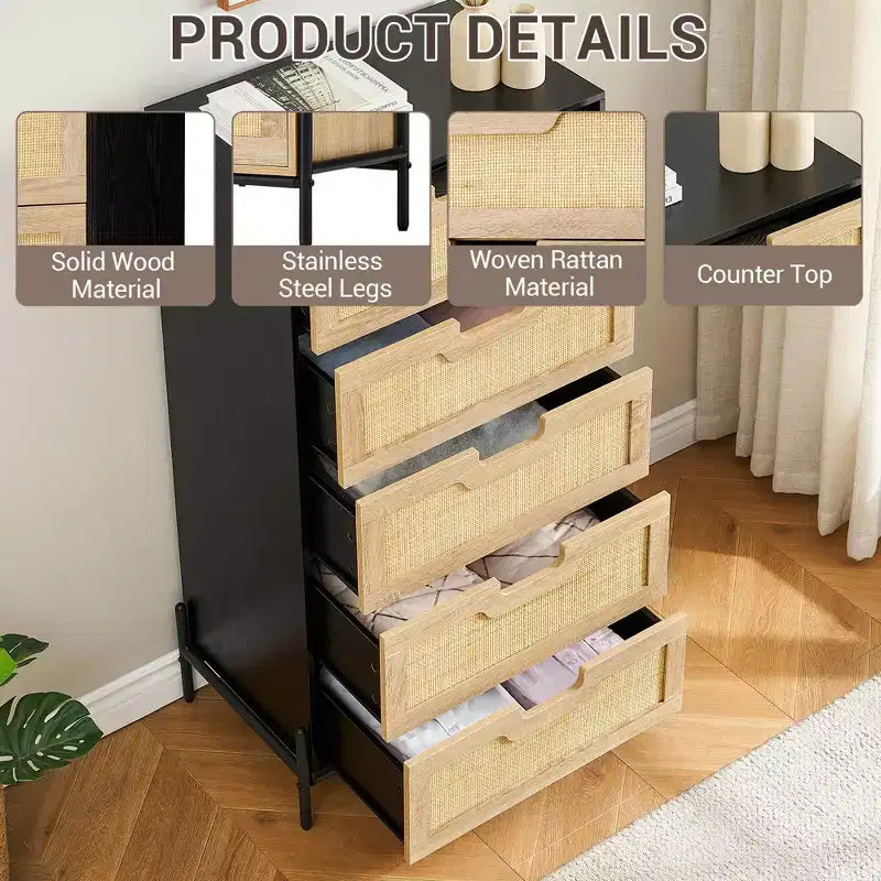 Commode 5 tiroirs en rotin, commode en bois