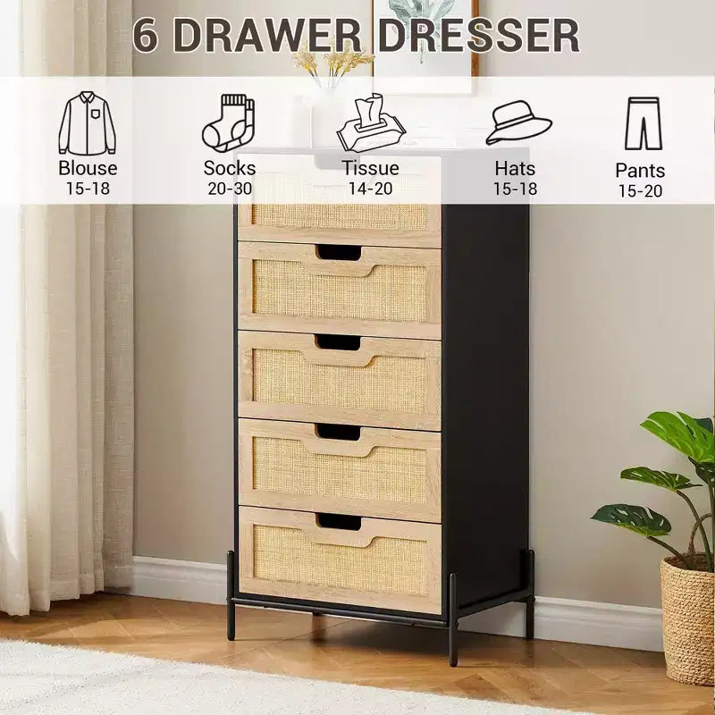 Commode 5 tiroirs en rotin, commode en bois