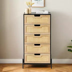 Commode 5 tiroirs en rotin, commode en bois