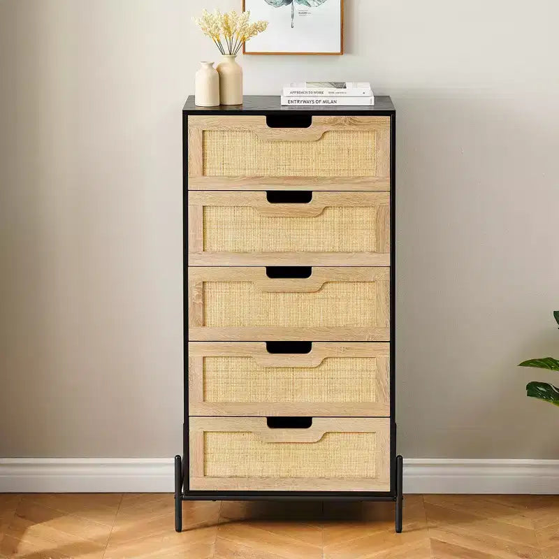 Commode 5 tiroirs en rotin, commode en bois