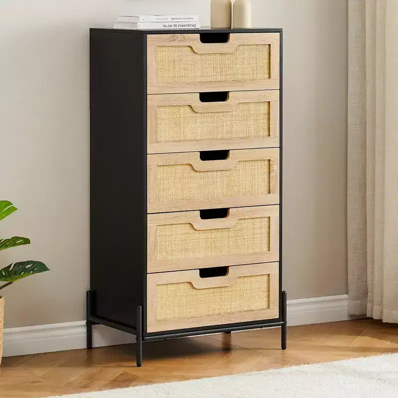 Commode 5 tiroirs en rotin, commode en bois
