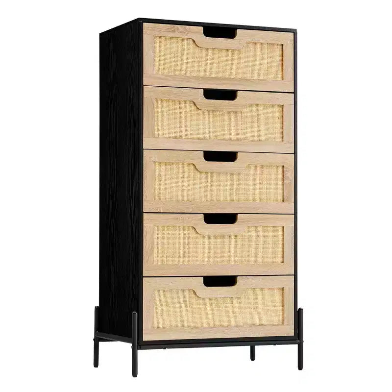 5 Drawer Dresser Rattan Chest of Drawers Wooden Dresser with Metal Legs Mid Century Modern Tall Drawer Dresser for Bedroom Living Room Entrance