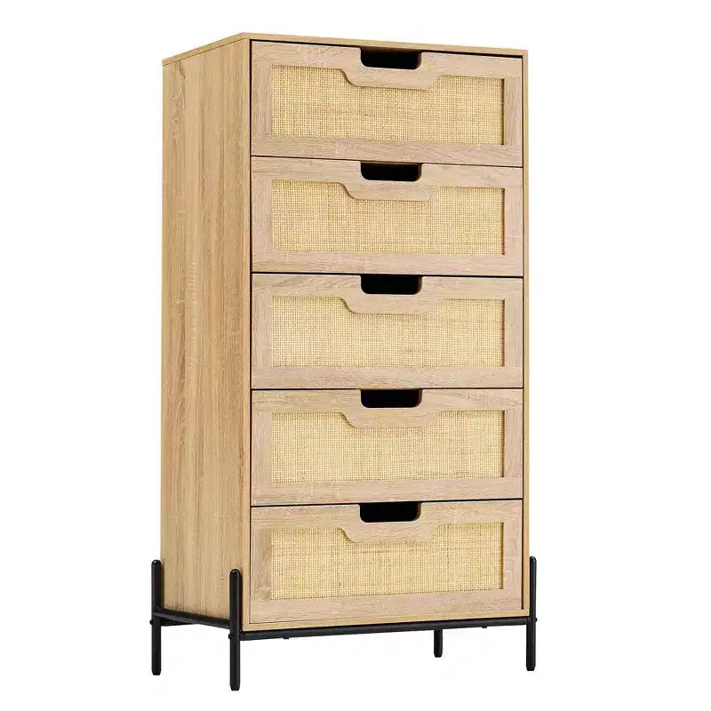 Commode 5 tiroirs en rotin, commode en bois