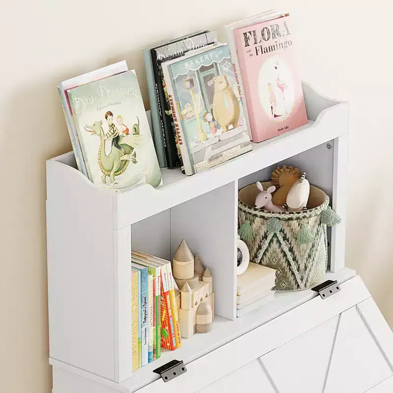 Étagère de Rangement pour Livres d'Enfants en Bois avec Couvercle Rabattable et Casiers, Organisateur Bibliothèque