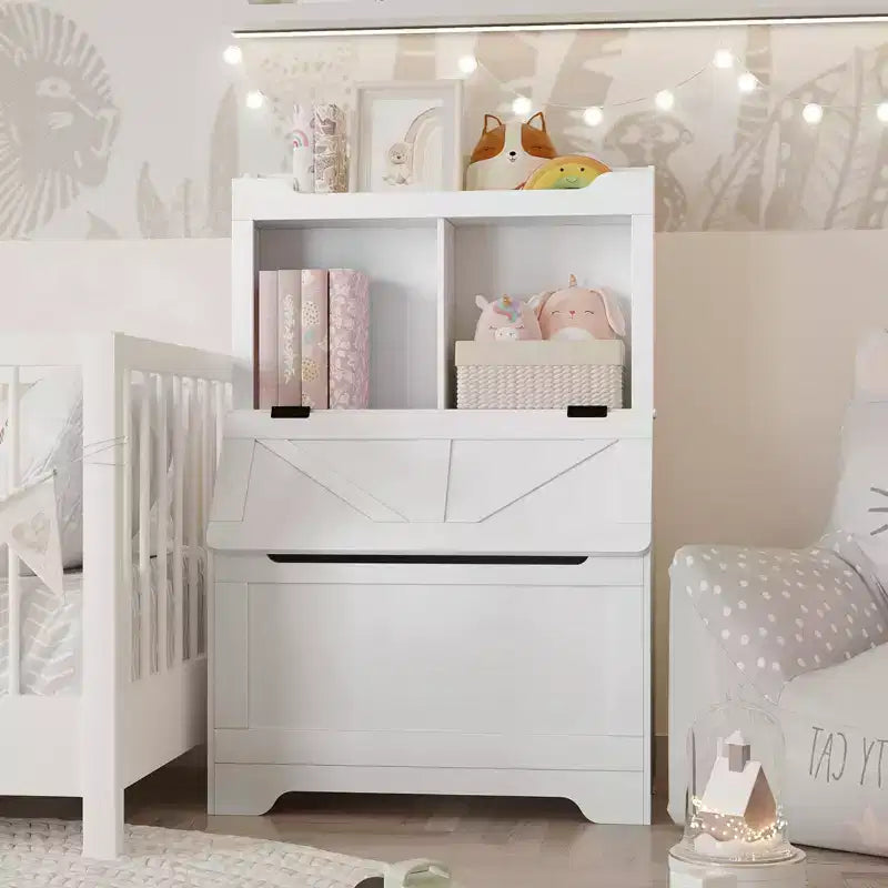 Étagère de Rangement pour Livres d'Enfants en Bois avec Couvercle Rabattable et Casiers, Organisateur Bibliothèque