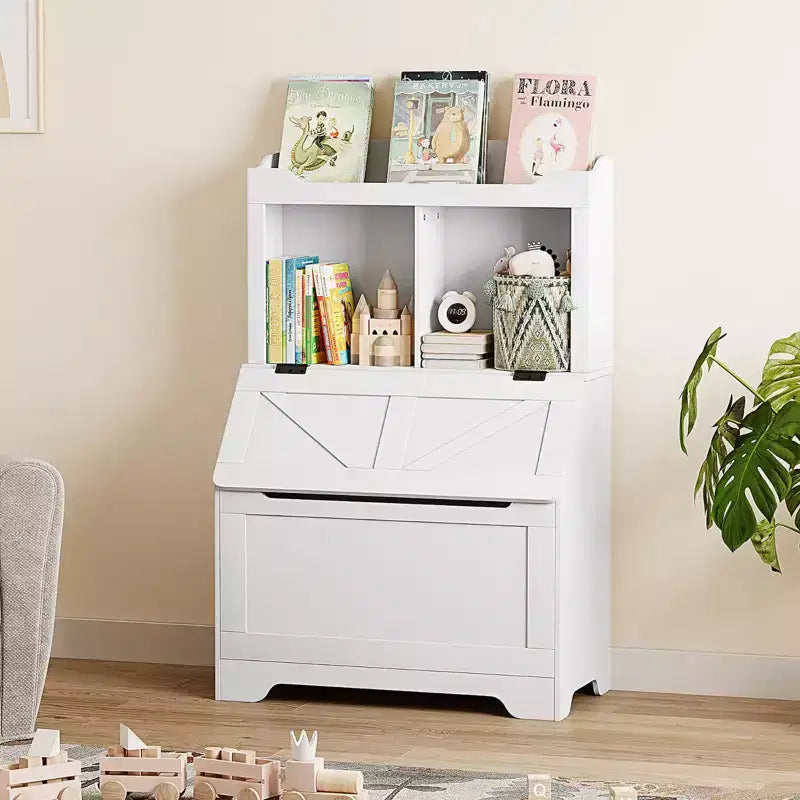 Étagère de Rangement pour Livres d'Enfants en Bois avec Couvercle Rabattable et Casiers, Organisateur Bibliothèque