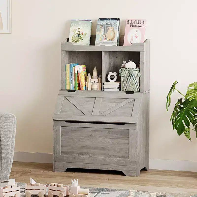 Étagère de Rangement pour Livres d'Enfants en Bois avec Couvercle Rabattable et Casiers, Organisateur Bibliothèque