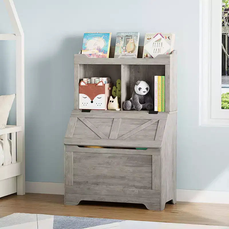 Étagère de Rangement pour Livres d'Enfants en Bois avec Couvercle Rabattable et Casiers, Organisateur Bibliothèque