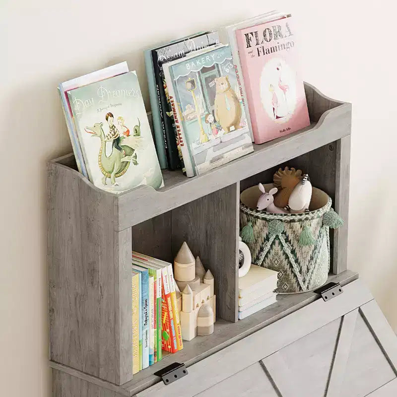 Étagère de Rangement pour Livres d'Enfants en Bois avec Couvercle Rabattable et Casiers, Organisateur Bibliothèque