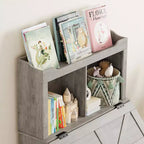 Étagère de Rangement pour Livres d'Enfants en Bois avec Couvercle Rabattable et Casiers, Organisateur Bibliothèque