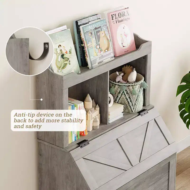 Étagère de Rangement pour Livres d'Enfants en Bois avec Couvercle Rabattable et Casiers, Organisateur Bibliothèque