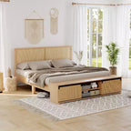 Full Natural Rattan Bed Frame with Sliding Barn Door Storage Cabinets Boho Farmhouse Wood Platform Bed Wood Legs Support Noise-Free Slats