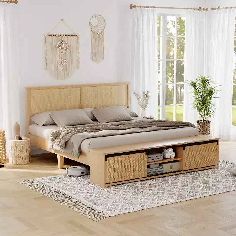 Full Natural Rattan Bed Frame with Sliding Barn Door Storage Cabinets Boho Farmhouse Wood Platform Bed Wood Legs Support Noise-Free Slats