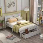Bellemave Full Size Platform Bed with Storage Drawers White C Pine & MDF Frame Under-Bed Storage Extra Support Legs Easy Assembly