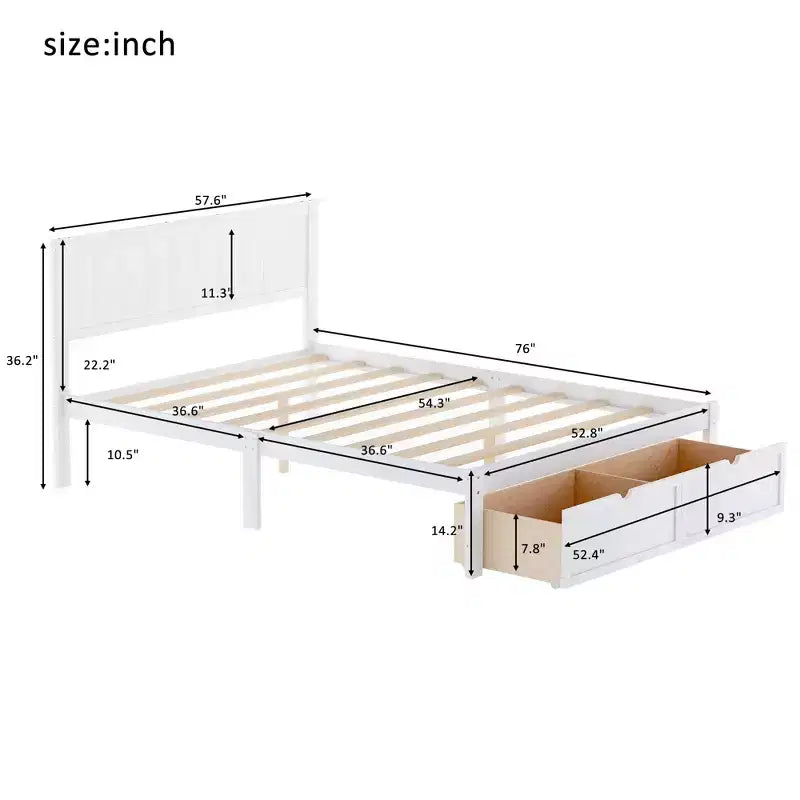 Lit plate-forme avec tiroirs de rangement Blanc Pin et MDF Cadre Rangement sous le lit