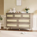 Wood Dressers for Bedroom with 7 Drawers Wide Modern Chest of Drawers for Hallway Wooden Closet Dressers with Rattan Drawers Boho TV Stand Dresser