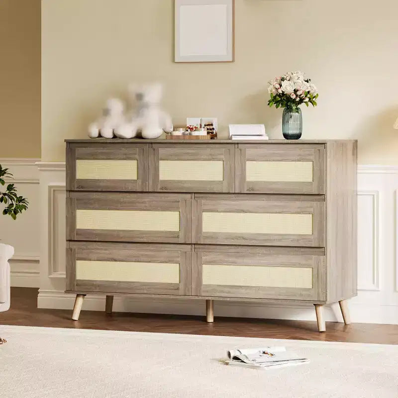 Wood Dressers for Bedroom with 7 Drawers Wide Modern Chest of Drawers for Hallway Wooden Closet Dressers with Rattan Drawers Boho TV Stand Dresser