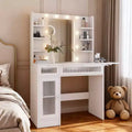 Dyonery Vanity Desk with Mirrors & Lights 3 Colors White Makeup Desk with Drawers & Cabinet Transparent Top with 6 Shelves/Power Outlet for Bedroom