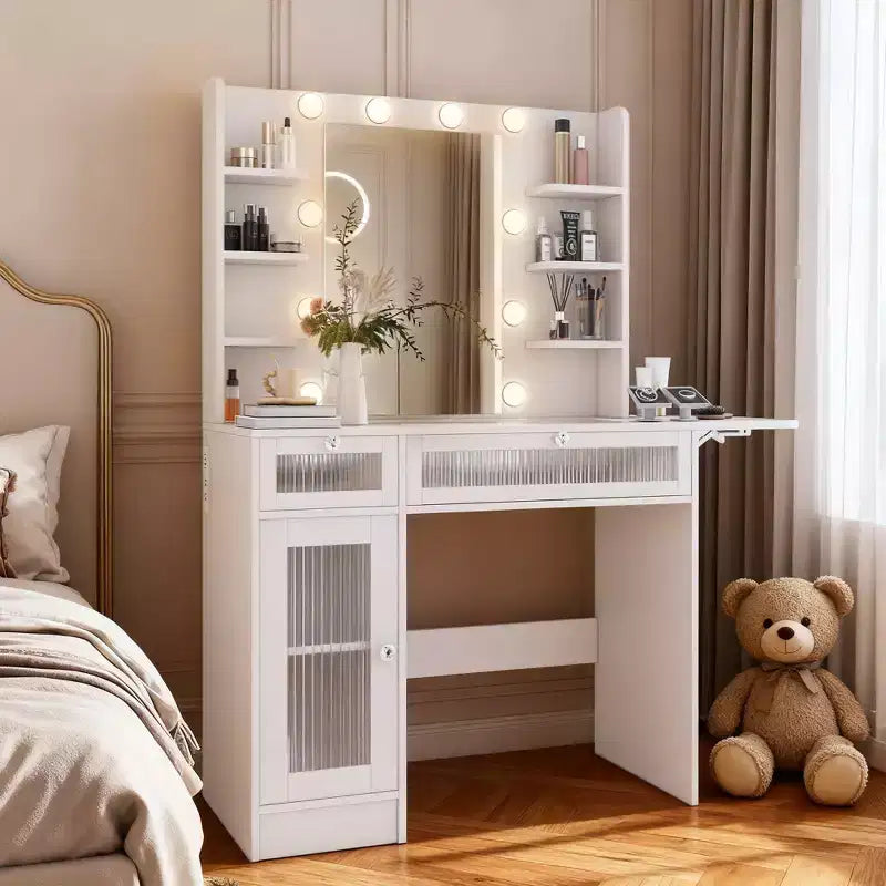 Dyonery Vanity Desk with Mirrors & Lights 3 Colors White Makeup Desk with Drawers & Cabinet Transparent Top with 6 Shelves/Power Outlet for Bedroom