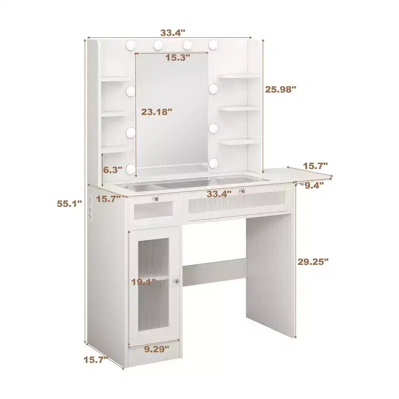 Coiffeuse avec miroirs et lumières, meuble de maquillage avec 6 étagères/prise de courant