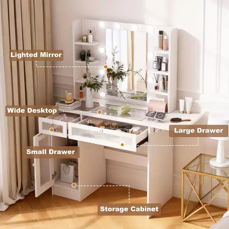 Coiffeuse avec miroirs et lumières, meuble de maquillage avec 6 étagères/prise de courant