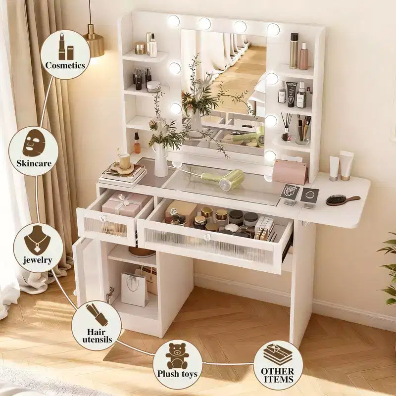 Coiffeuse avec miroirs et lumières, meuble de maquillage avec 6 étagères/prise de courant