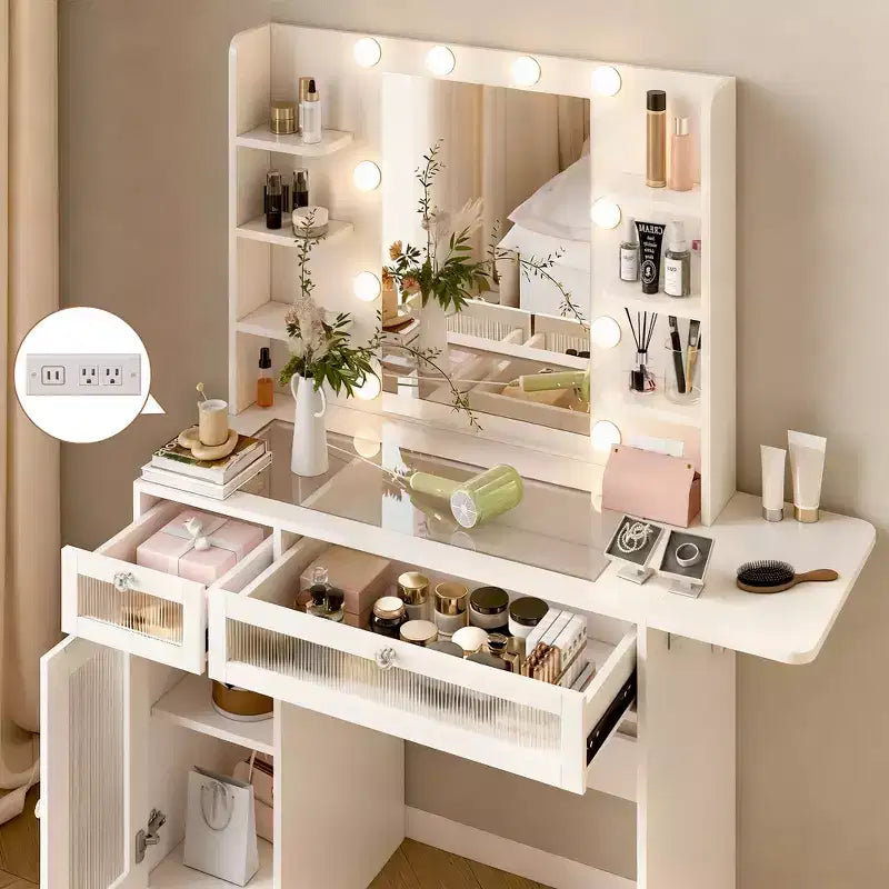 Coiffeuse avec miroirs et lumières, meuble de maquillage avec 6 étagères/prise de courant