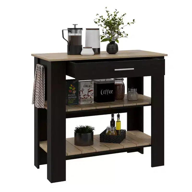 Okak Modern Kitchen Island with 2 Open Storage Shelves Countertop Organizer with Drawer and Towel Hanger Kitchen Island Table for Dining Room Black