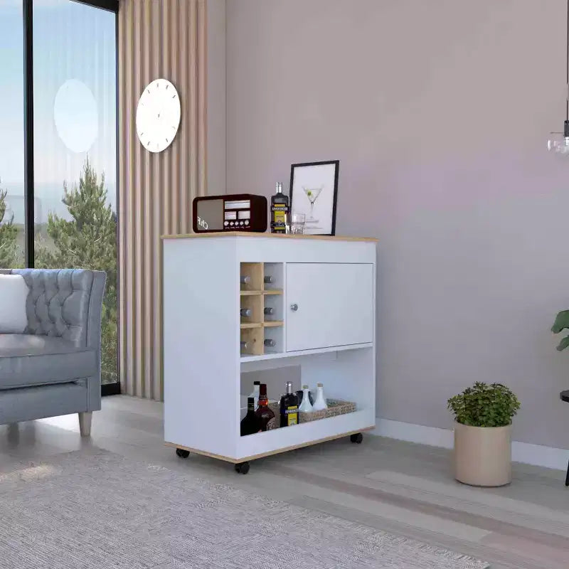 Okak Kitchen Island with Lower Panel and 6 Bottle Cubbies Kitchen Cart with 1 Cabinet Door and Wheels Rolling Kitchen Island for Dining Room White