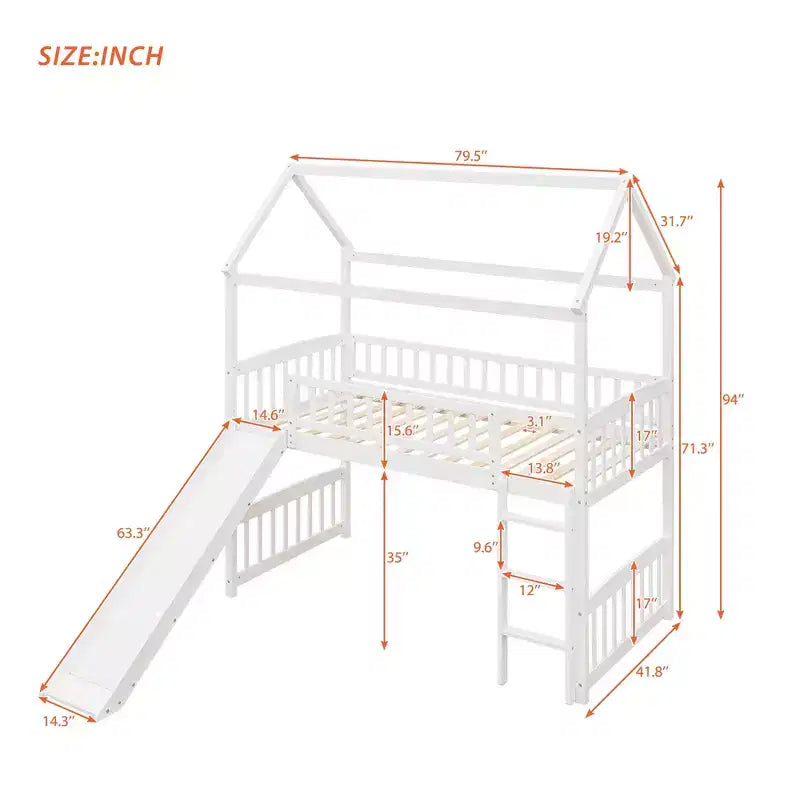 Lit mezzanine pour enfants avec toboggan et espace de jeu en dessous