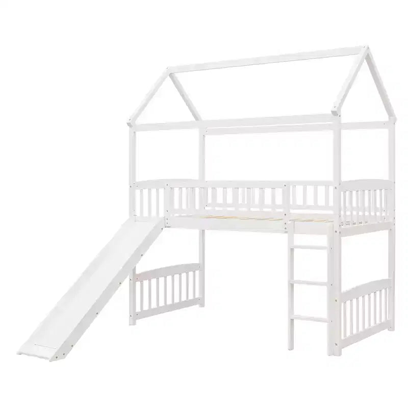 Lit mezzanine pour enfants avec toboggan et espace de jeu en dessous