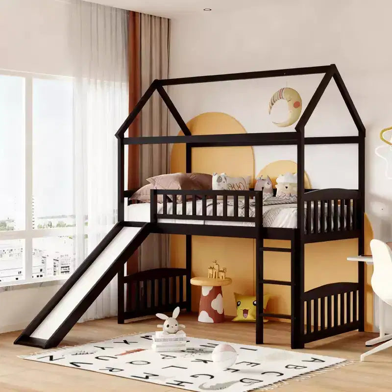 Luxystar Kids Playhouse Loft Bed with Slide & Play Area Underneath Twin Size Solid Wood Low Bunk Bed for Children
