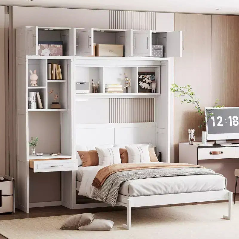 Full/Queen Murphy Bed Wall Bed with Cabinet Cabinet Bed Folding Wall Bed with Storage Shelves and Desk for Guest Room Office